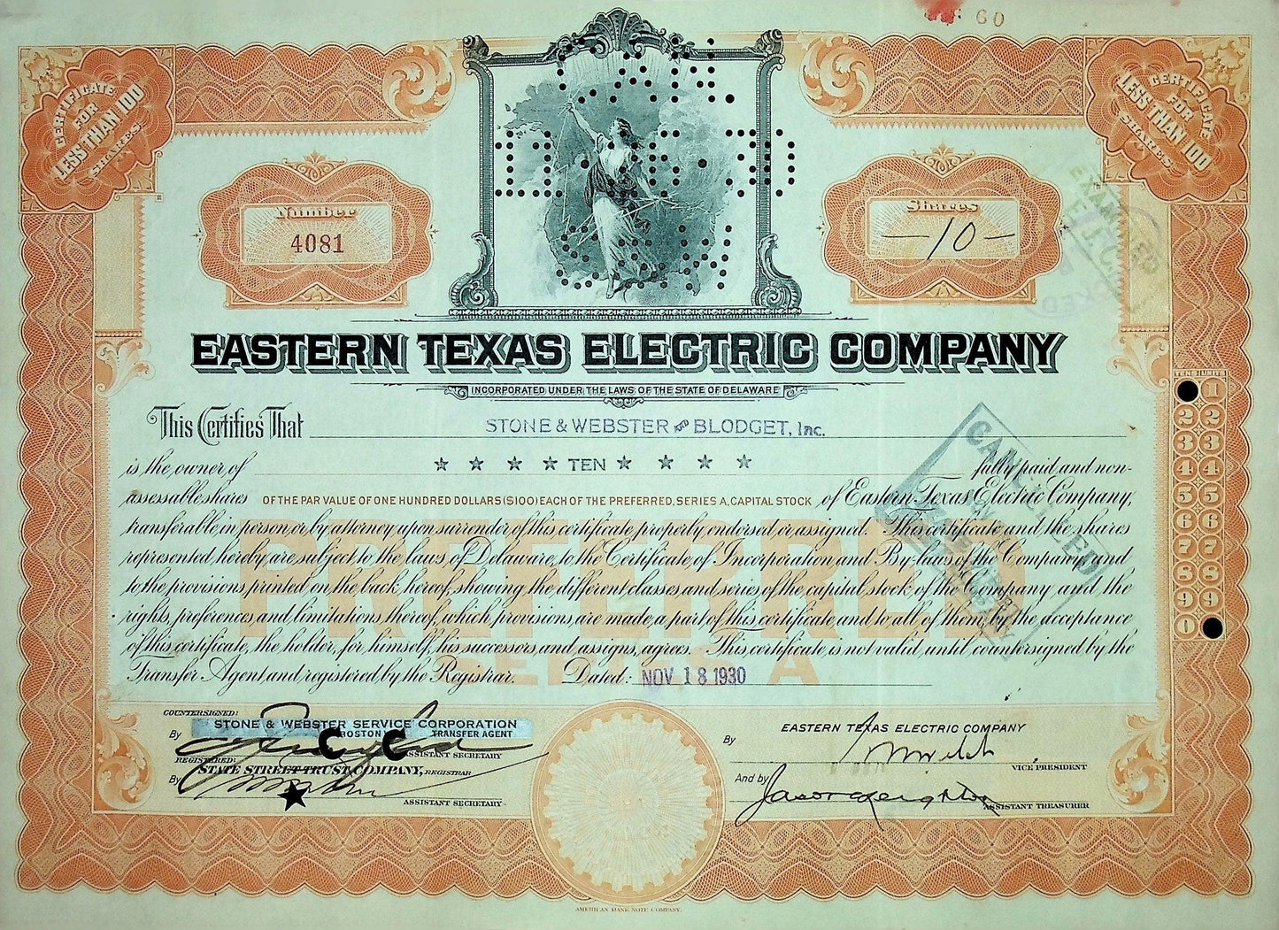 Eastern Texas Electric Company Stock Certificate 1929/1930 era