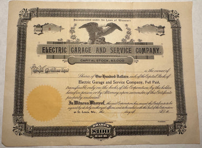 1912 Electric Garage and Service Company Stock Certificate