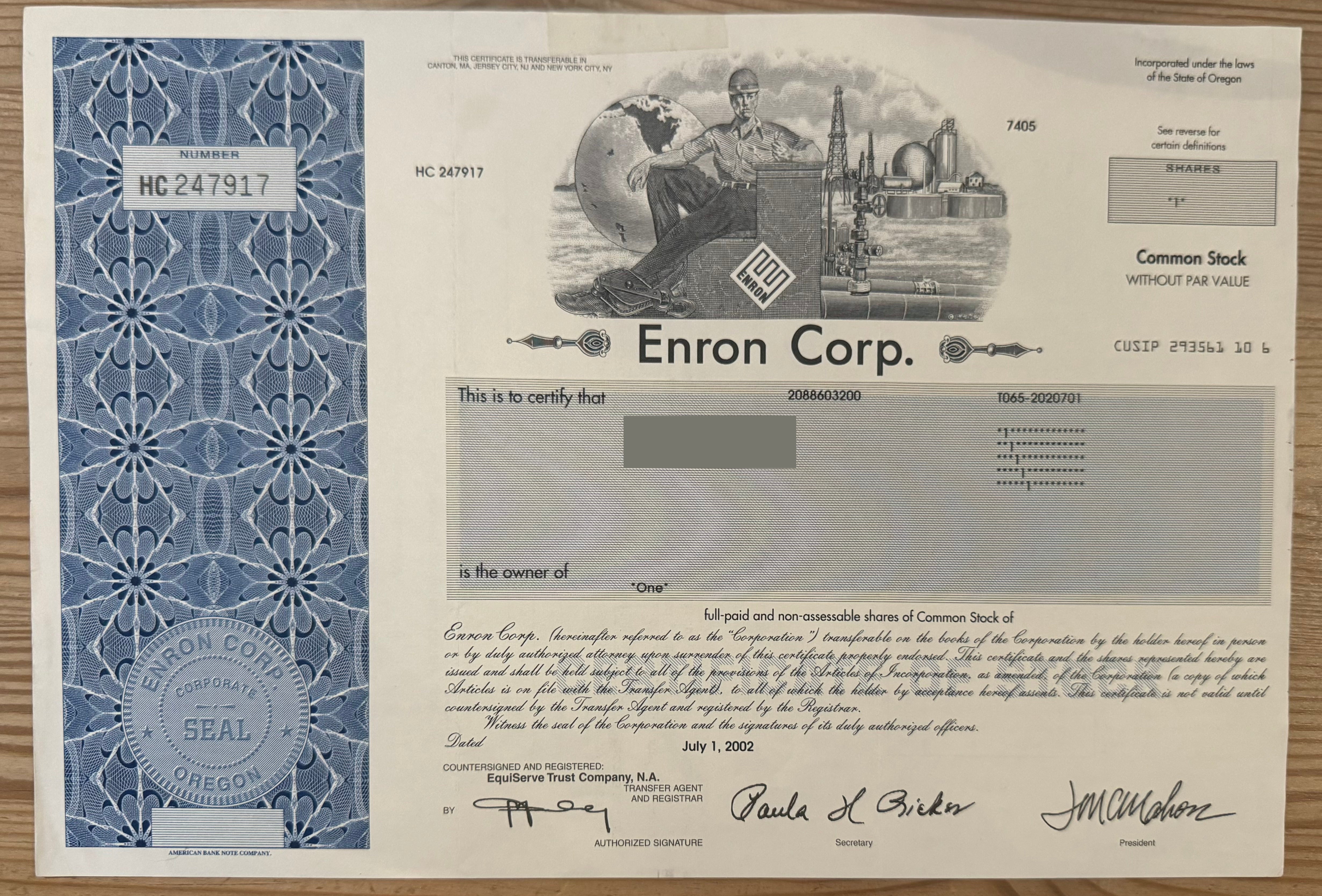 Enron Corp Stock Certificate from 2002 (Rare & original)