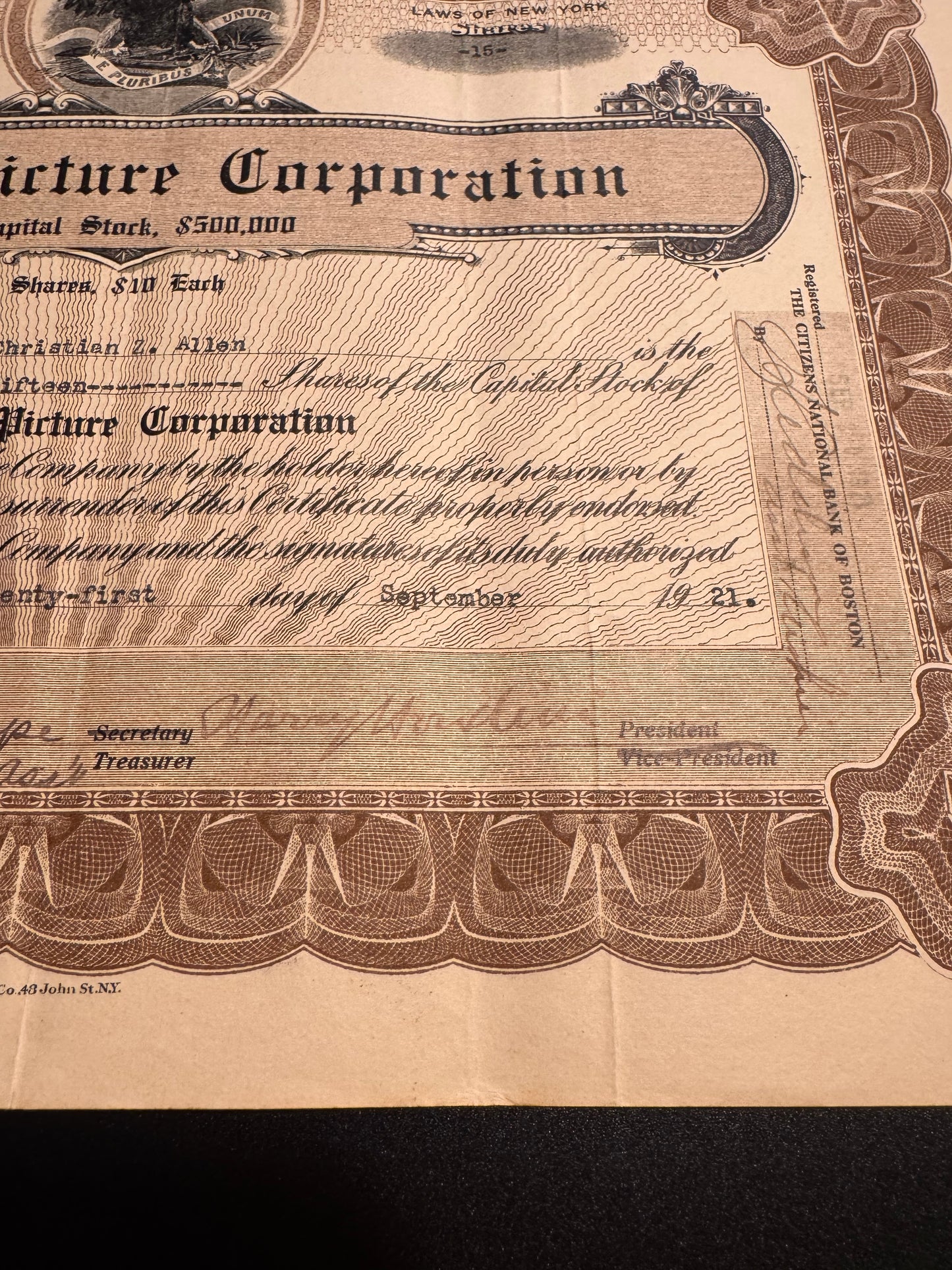 Houdini Picture Corporation Stock Certificate signed by Harry in 1921!
