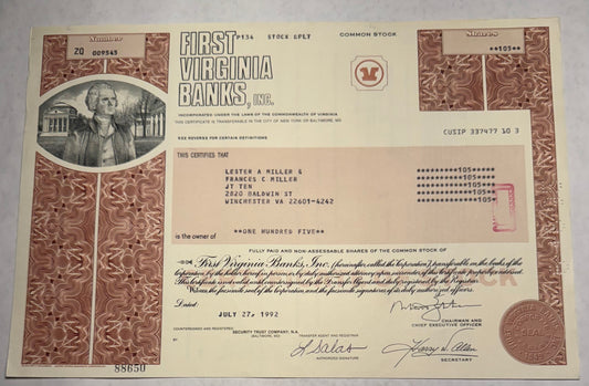 First Virginia Banks (now Truist Financial) Stock Certificate with Thomas Jefferson