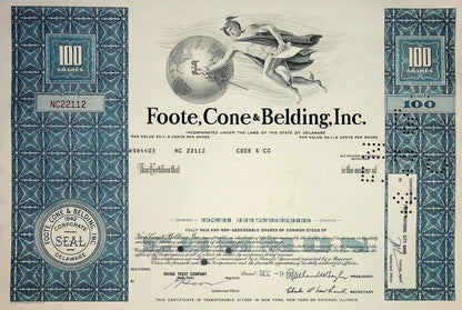 Foote, Cone & Belding (Now IPG/ FCB Advertising Agency) Inc Stock Certificate