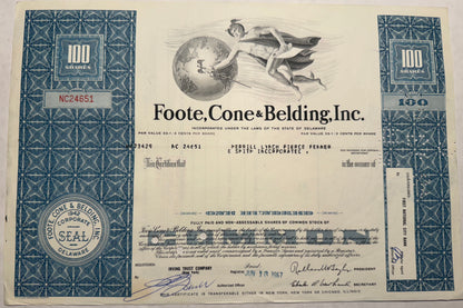 Foote, Cone & Belding Inc Stock Certificate. Blue with vignette of a man flying in front of a globe.