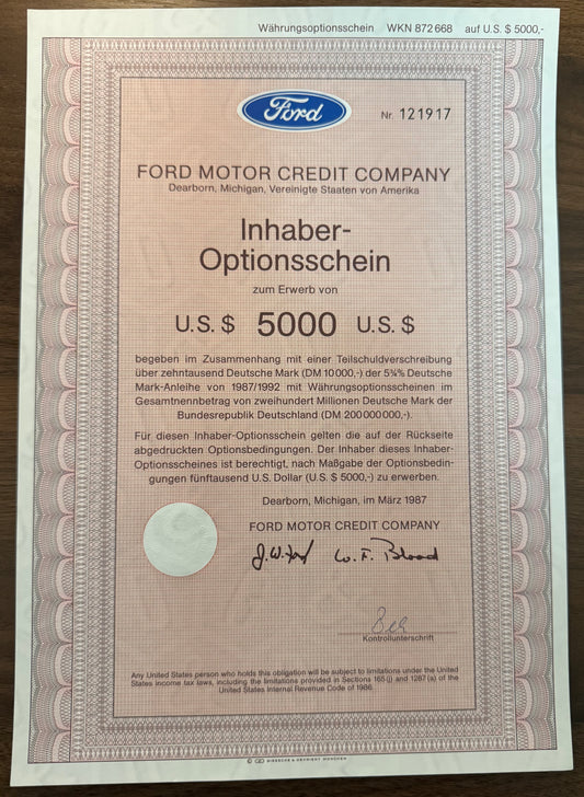 Ford Motor Credit Company Warrant Certificate from Germany 1987