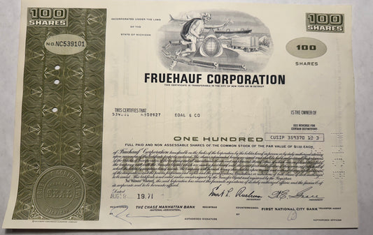 Fruehauf Corporation (invented the Shipping container and Semi-trailer) Stock Certificate