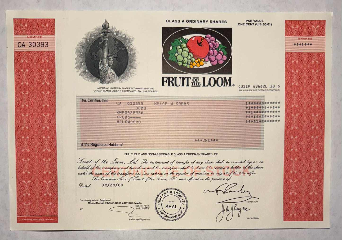 Fruit of the Loom Stock Certificate