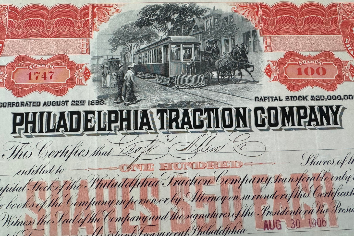 Philadelphia Traction Company Stock Certificate