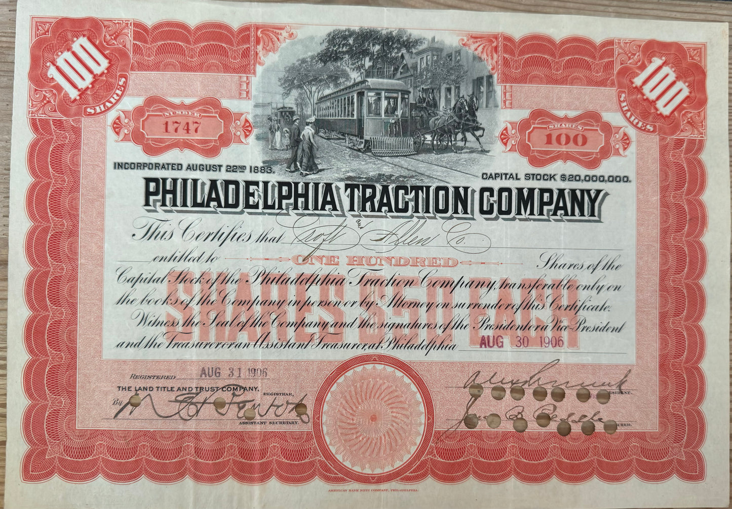 Philadelphia Traction Company Stock Certificate