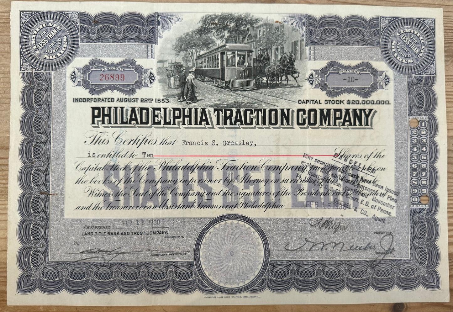 Philadelphia Traction Company Stock Certificate