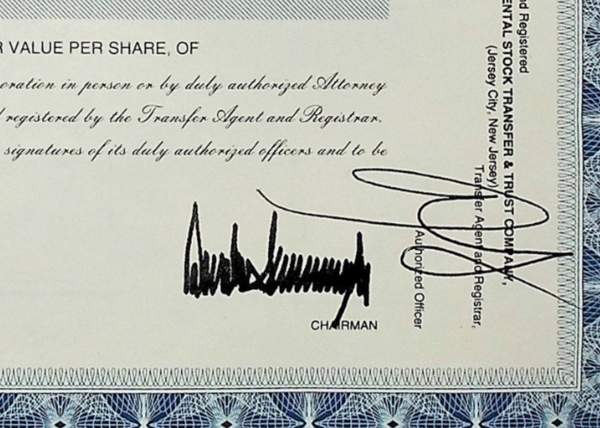 Trump Hotels & Casino Resorts Inc, Original and Rare Issued Stock Certificate from 2004 with Donald Trump portrait and printed signature