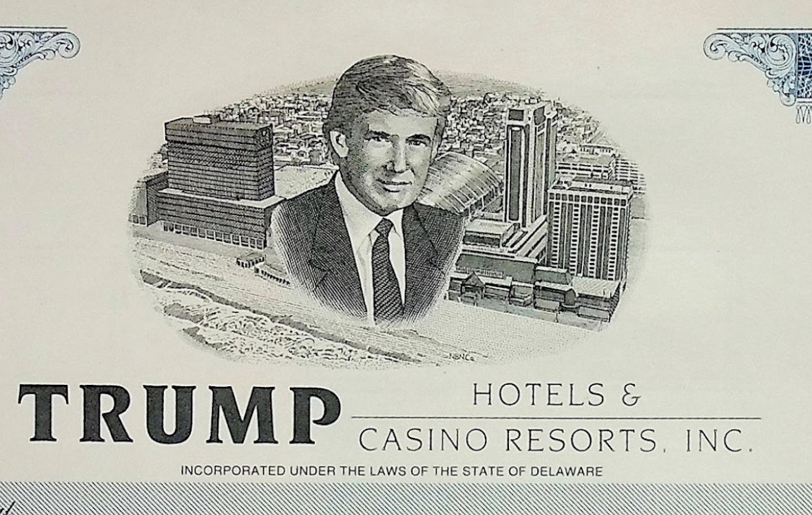 Trump Hotels & Casino Resorts Inc, Original and Rare Issued Stock Certificate from 2004 with Donald Trump portrait and printed signature