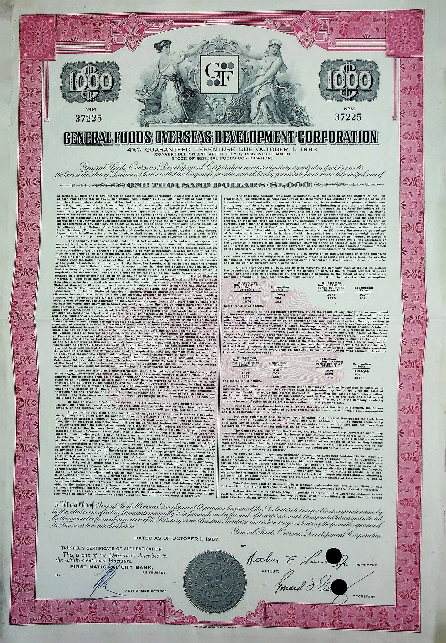 General Foods (now Kraft) Overseas Development Corporation Bond Certificate from 1967