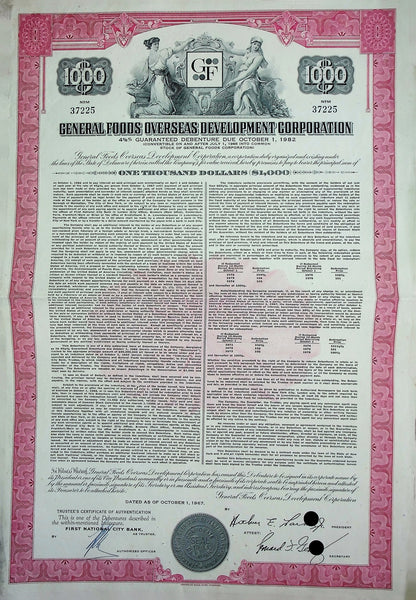 General Foods (now Kraft) Overseas Development Corporation Bond Certificate from 1967