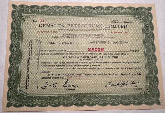 Genalta Petroleums Limited Stock Certificate