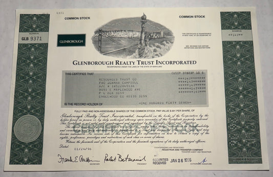 Glenborough Trust Realty Trust Stock Certificate