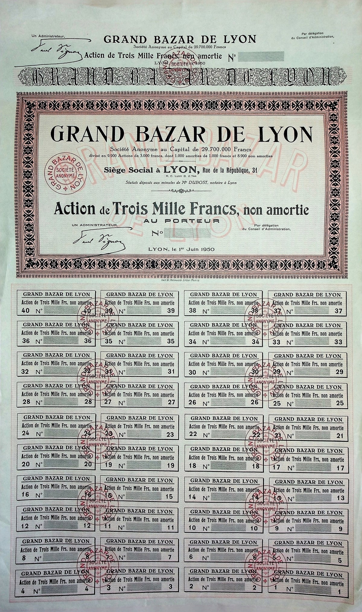 Grand Bazar de Lyon (French) Stock Certificate from 1950s – Ticker History
