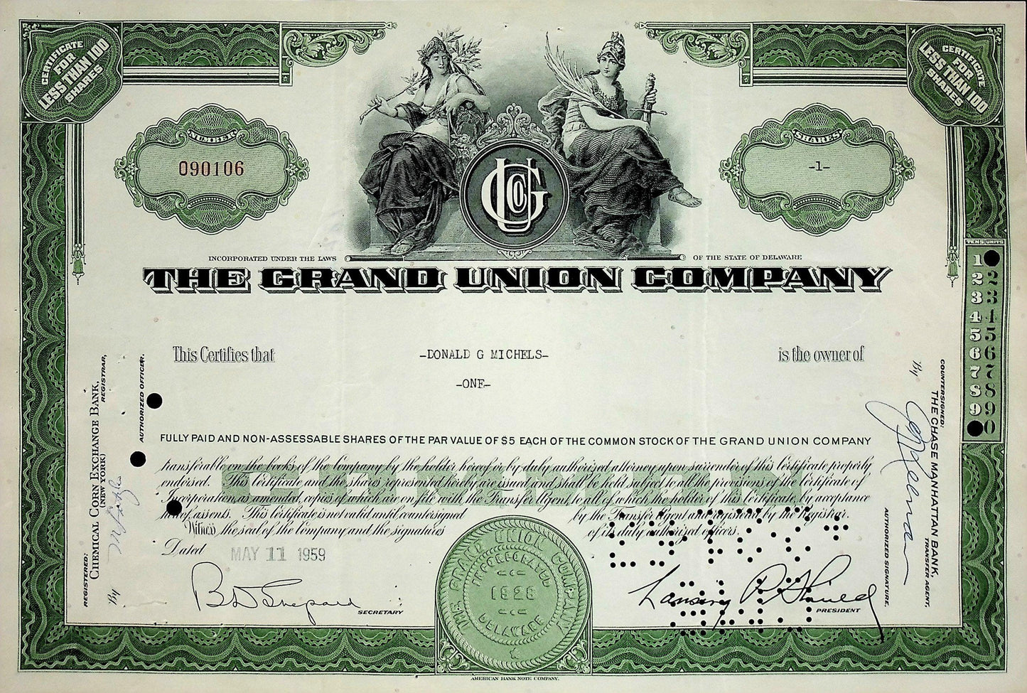 The Grand Union Supermarket (now Tops Friendly Market) Company Stock Certificate