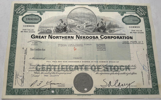 Great Northern Nekoosa Corporation Stock Certificate Green certificate with vignette of the factor, two men 