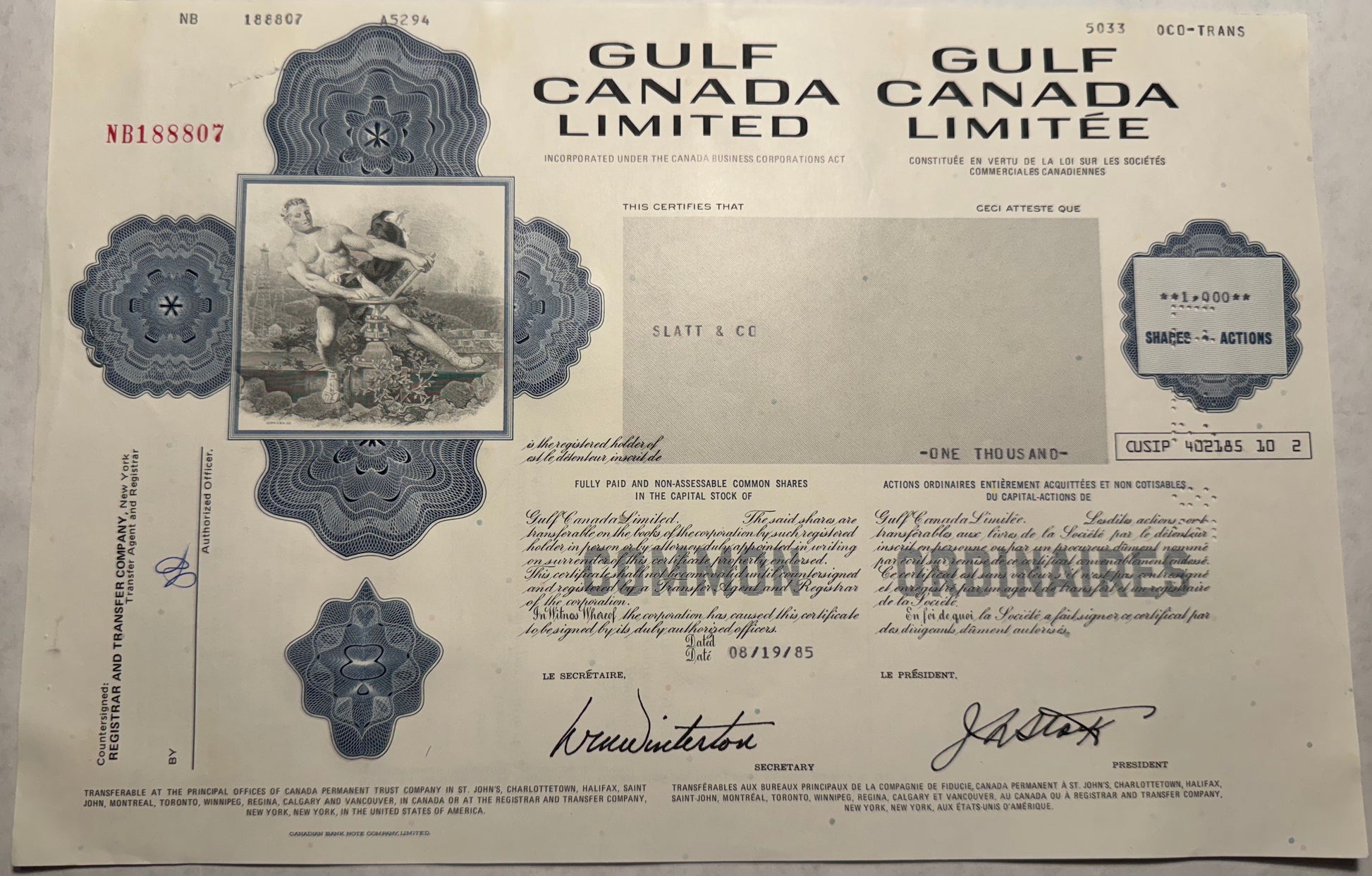 This blue stock certificate from Gulf Canada Limited, issued in 1985