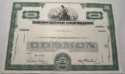 Harnischferger Corporation Stock Certificate, green issued 1964, cancellation holes, stamps and writing present.