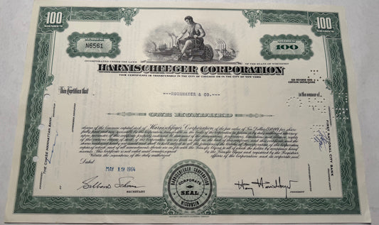 Harnischferger Corporation Stock Certificate, green issued 1964, cancellation holes, stamps and writing present.