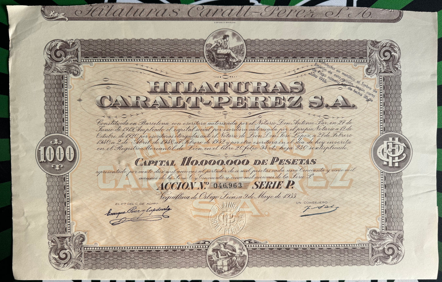 Hilaturas Caralt-Perez Bond Certificate (Spanish textile co)