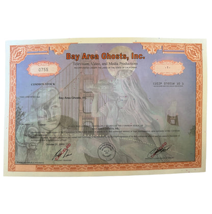 Bay Area Ghosts, Inc Stock Certificate (ft Golden Gate Bridge)