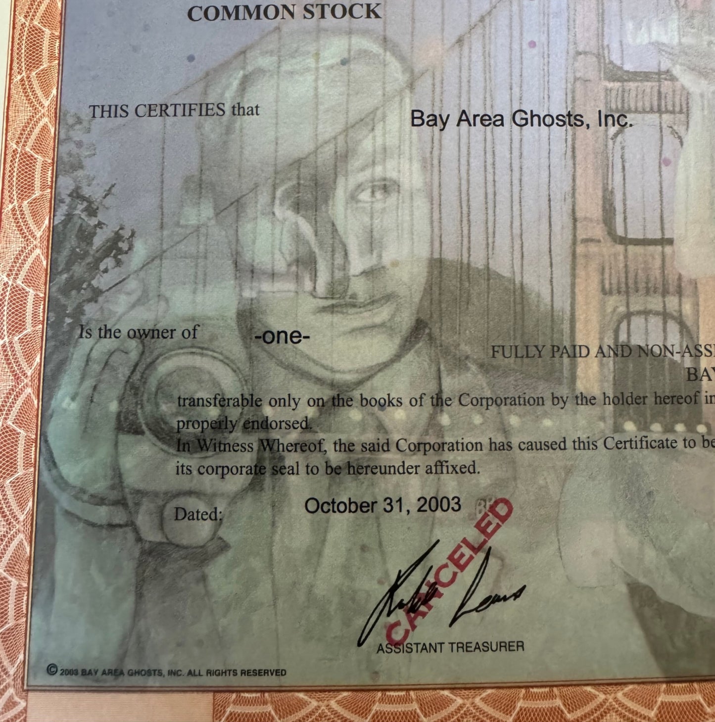 Bay Area Ghosts, Inc Stock Certificate (ft Golden Gate Bridge)