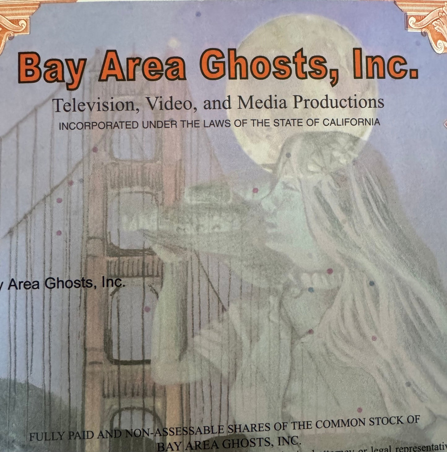 Bay Area Ghosts, Inc Stock Certificate (ft Golden Gate Bridge)