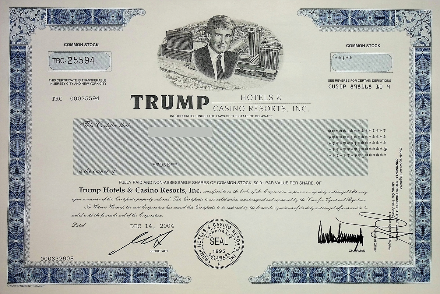 Trump Hotels & Casino Resorts Inc, Original and Rare Issued Stock Certificate from 2004 with Donald Trump portrait and printed signature