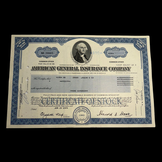 American General Insurance (ft George Washington) Now AIG - Stock Certificate