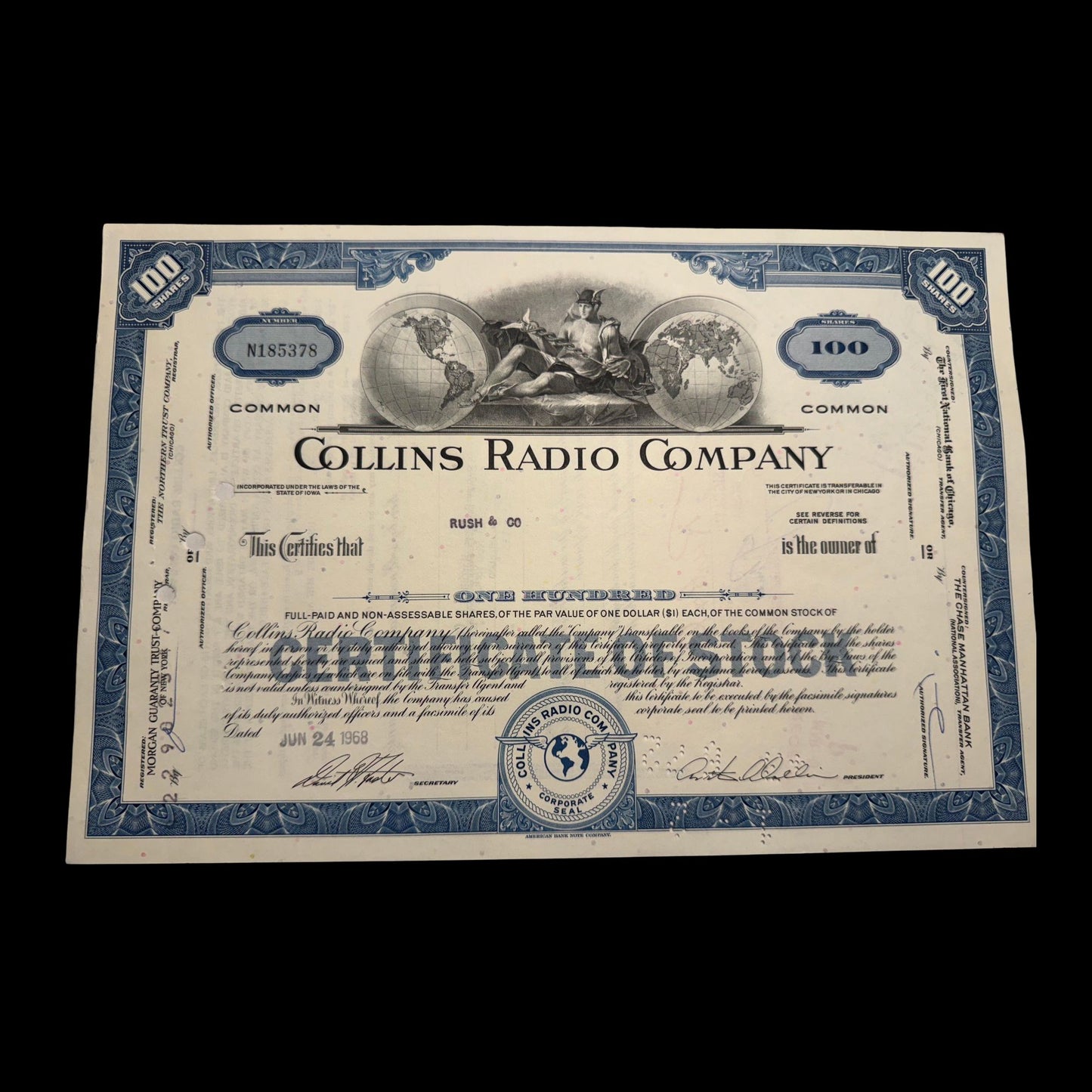 Collins Radio Stock Certificate form 1960/70s