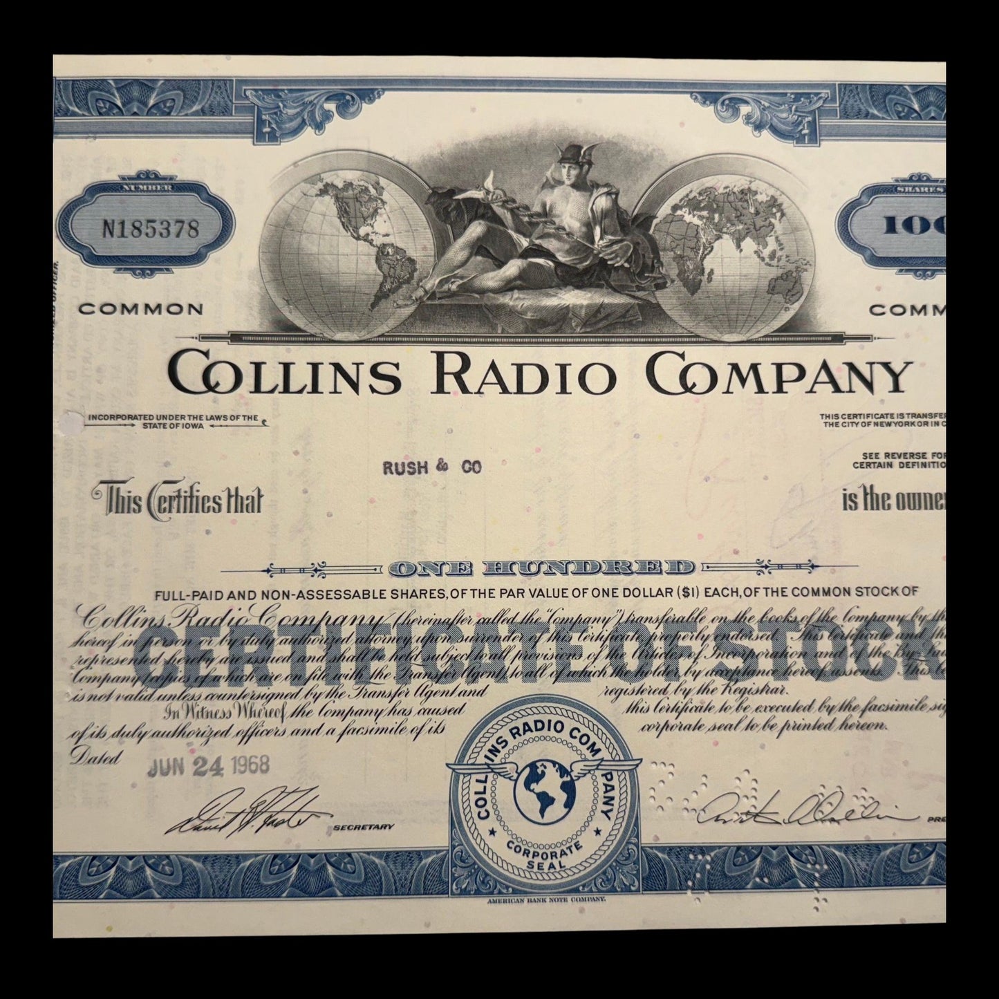 Collins Radio Stock Certificate form 1960/70s
