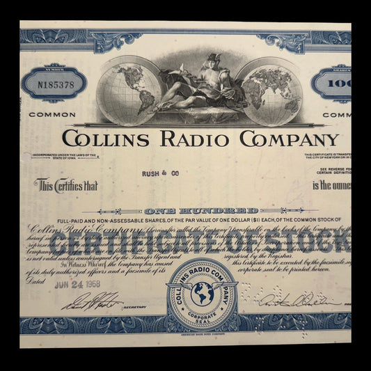 Collins Radio Stock Certificate form 1960/70s