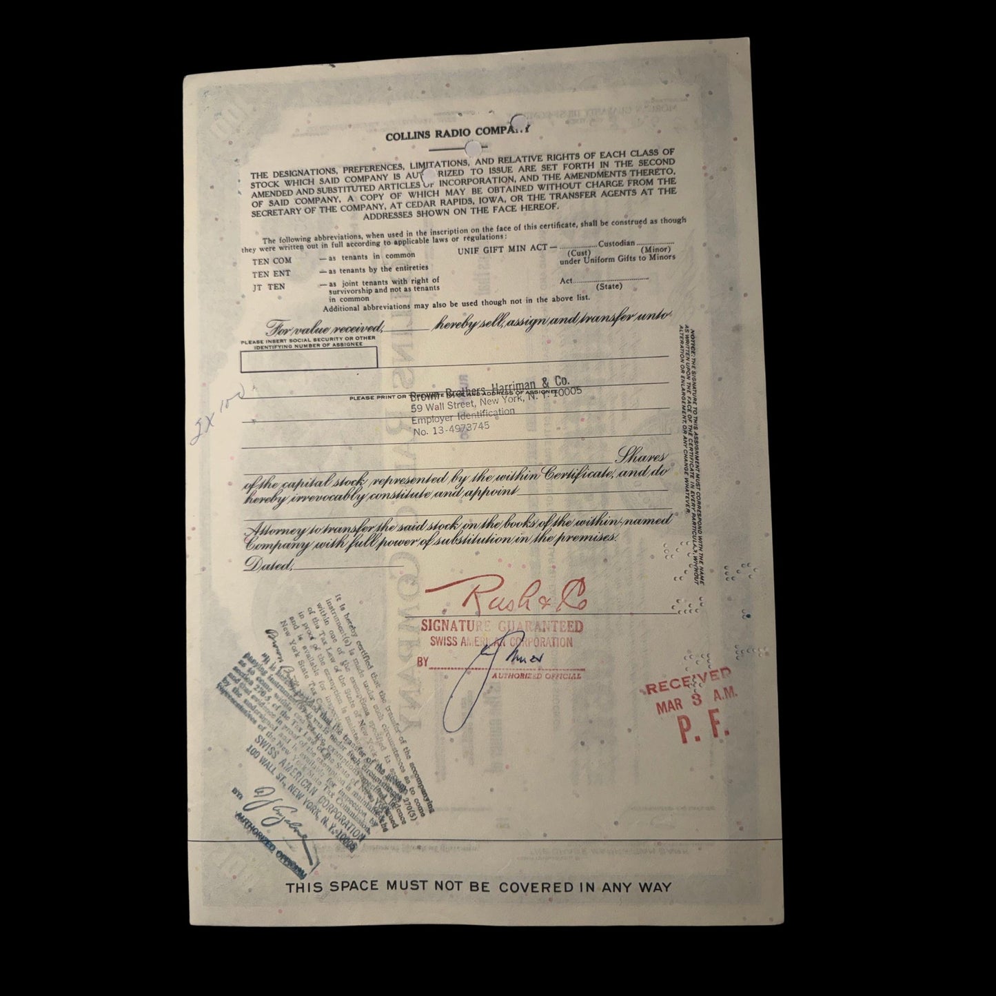 Collins Radio Stock Certificate form 1960/70s