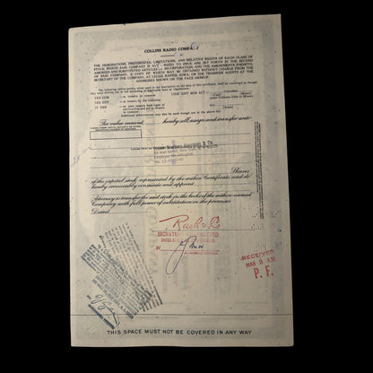 Collins Radio Stock Certificate form 1960/70s