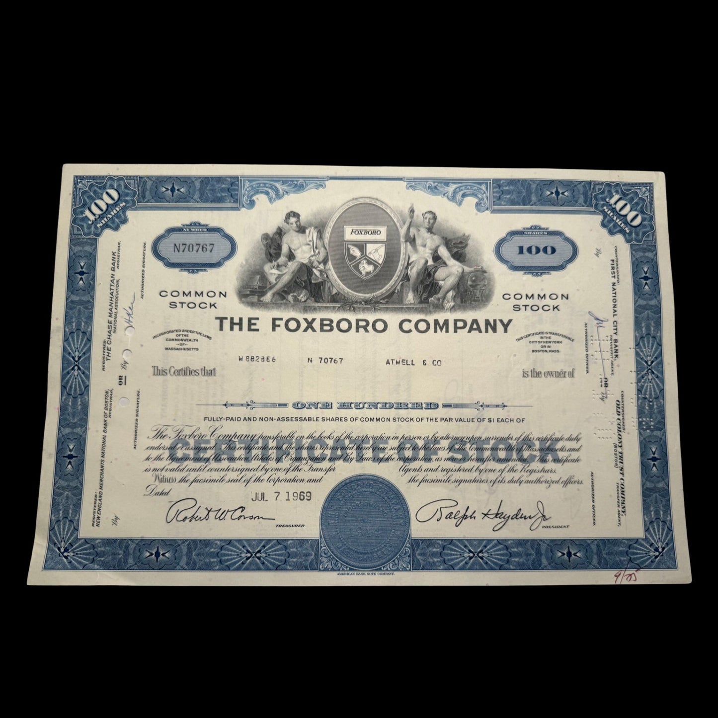The Foxboro Company Stock Certificate - Massachusetts 1960s-70s