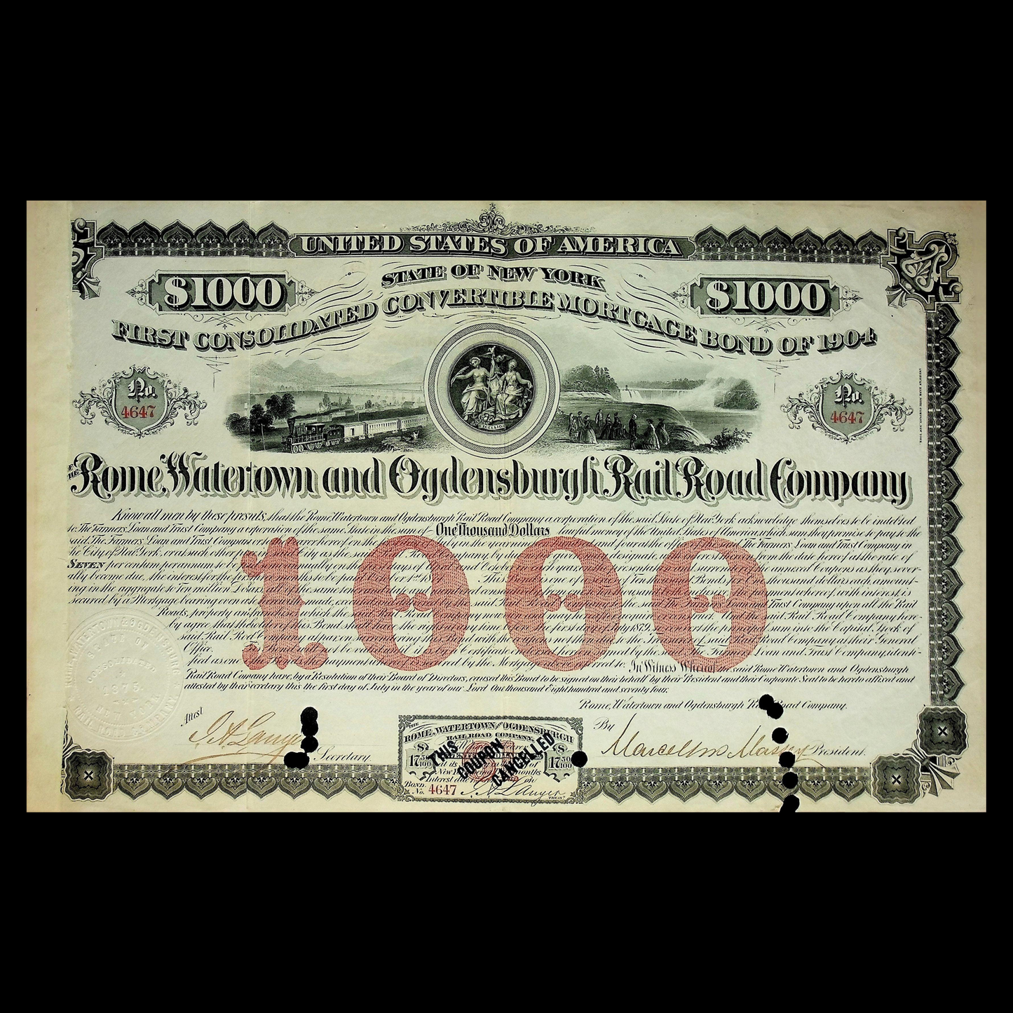 Rome, Watertown and Ogdensburg Railroad Bond Certificate 1904 - Niagara Falls, NY