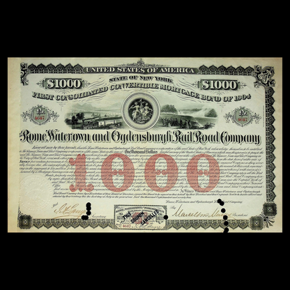 Rome, Watertown and Ogdensburg Railroad Bond Certificate 1904 - Niagara Falls, NY