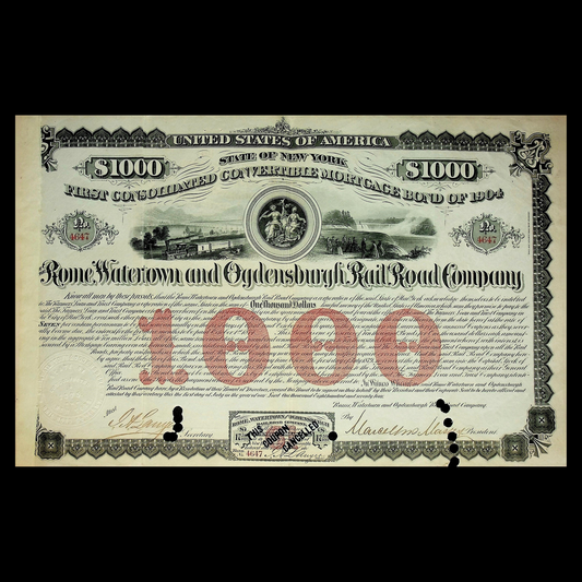 Rome, Watertown and Ogdensburg Railroad Bond Certificate 1904 - Niagara Falls, NY