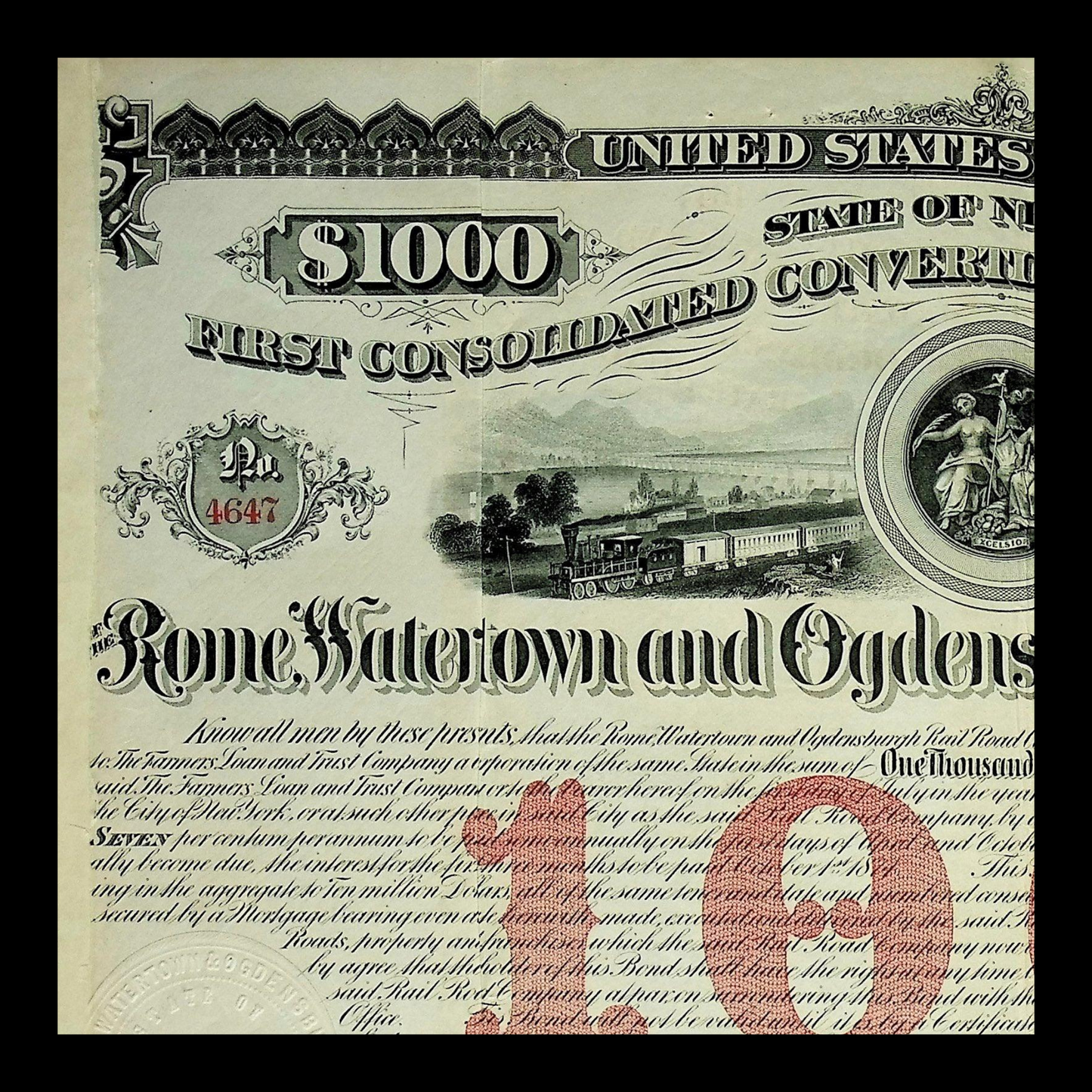 Rome, Watertown and Ogdensburg Railroad Bond Certificate 1904 - Niagara Falls, NY