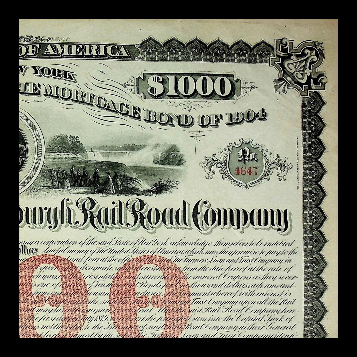Rome, Watertown and Ogdensburg Railroad Bond Certificate 1904 - Niagara Falls, NY