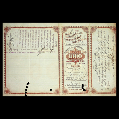 Rome, Watertown and Ogdensburg Railroad Bond Certificate 1904 - Niagara Falls, NY