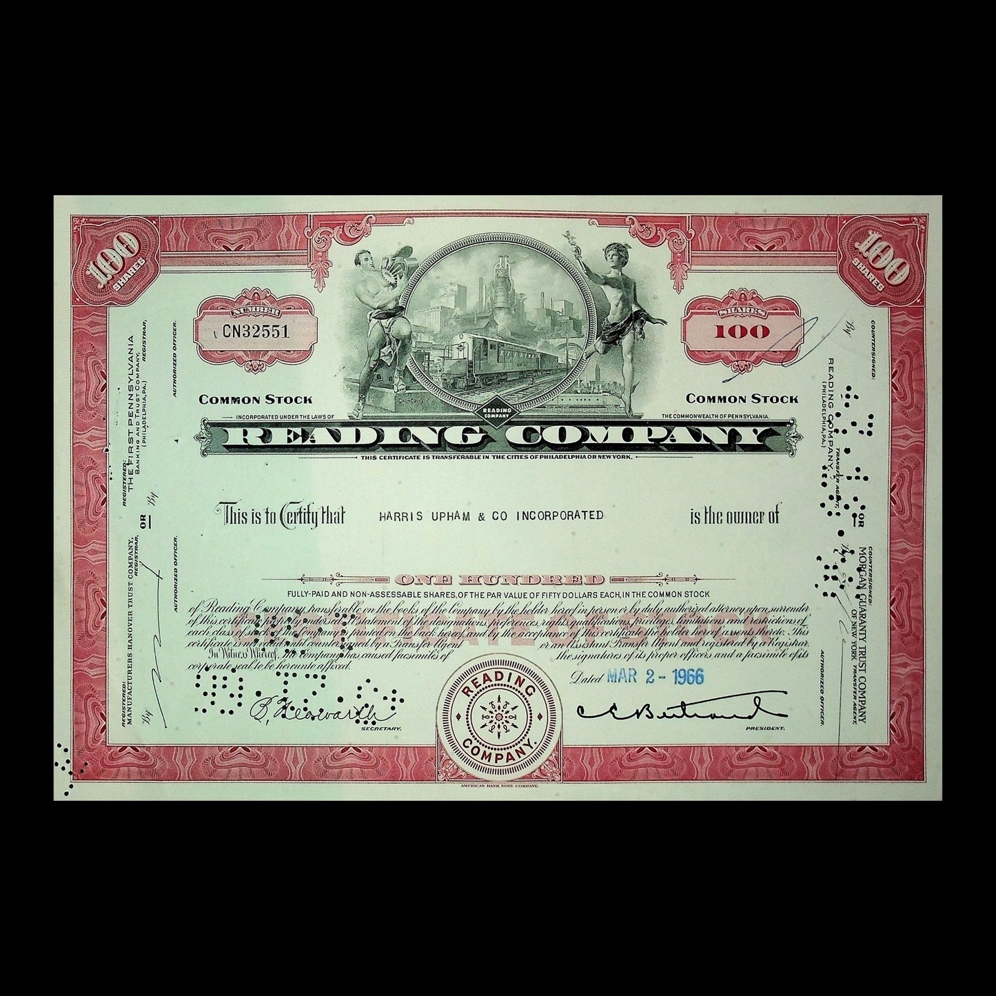 Reading Company (Railroad) Stock Certificate from 1960s