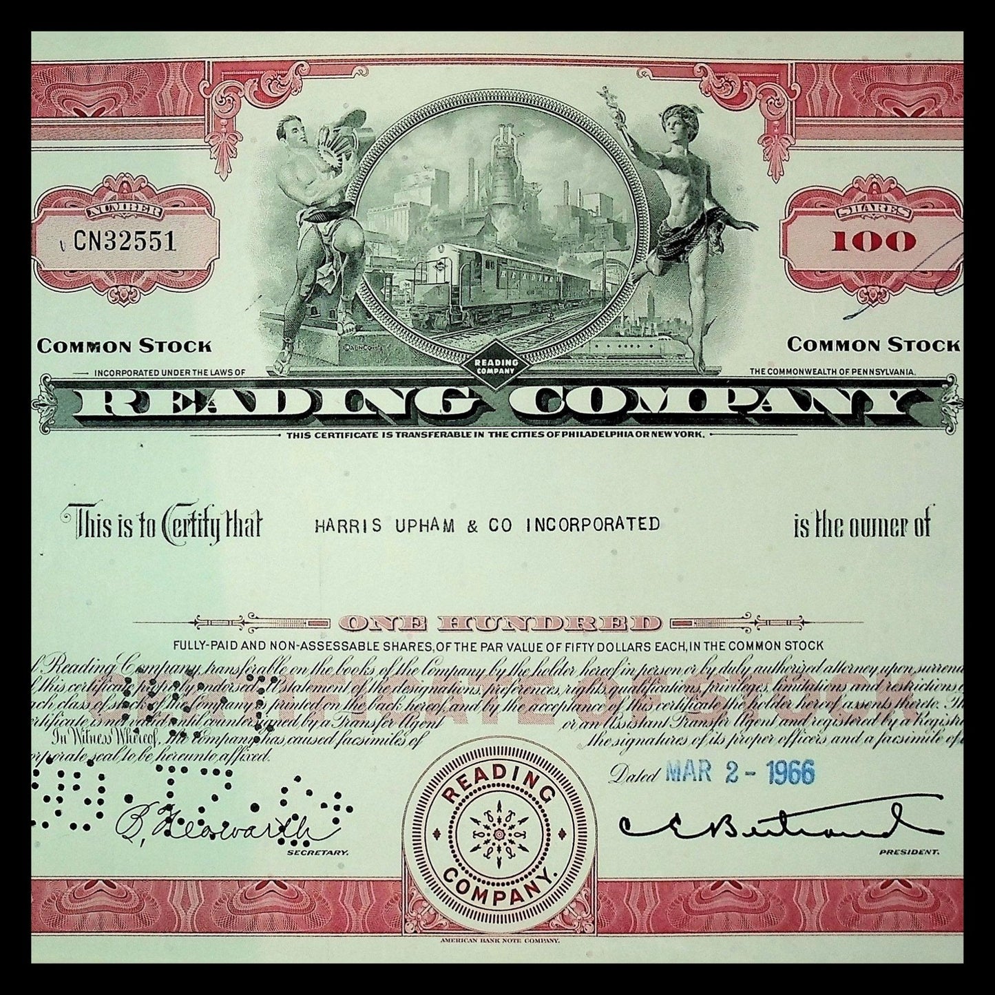 Reading Company (Railroad) Stock Certificate from 1960s