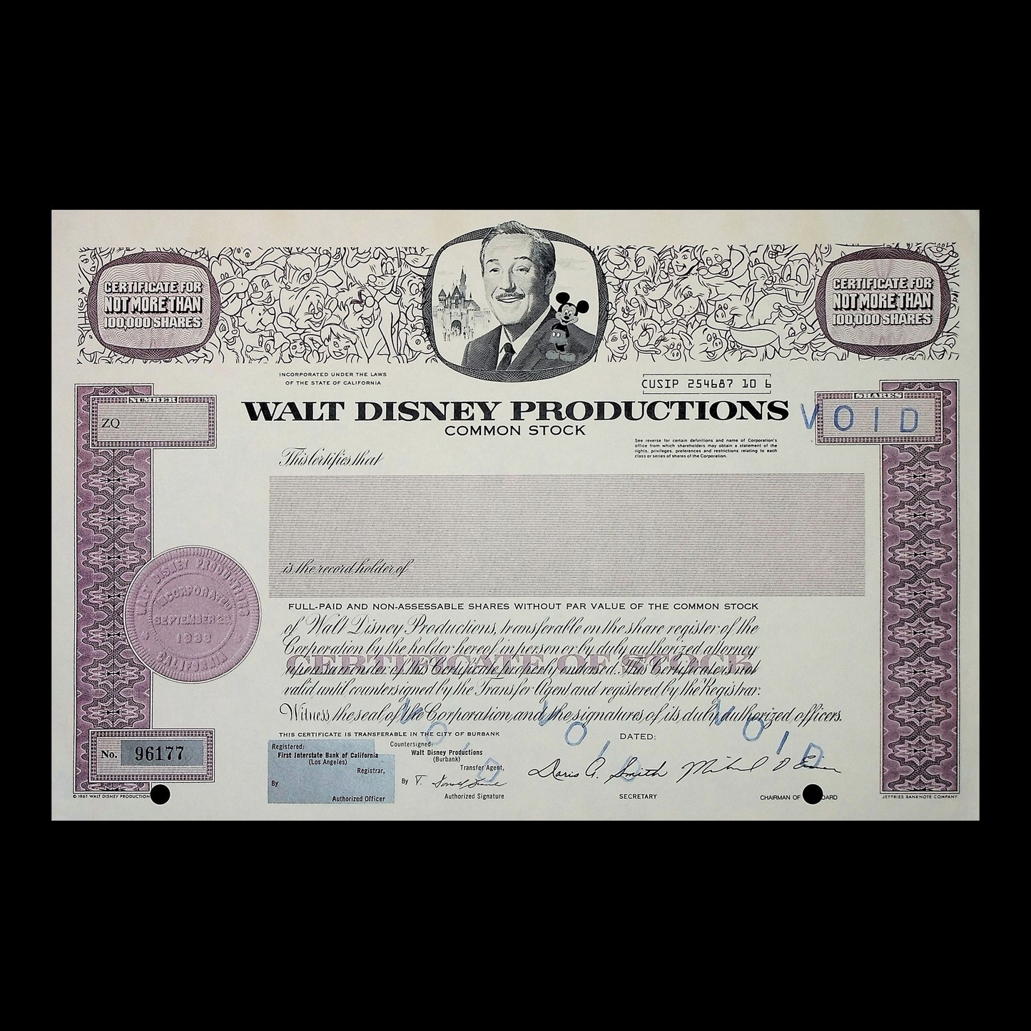 Walt Disney Productions Stock Certificate (Feat Walt & Mickey Mouse) from 1967 - Unissued