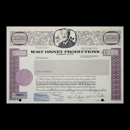 Walt Disney Productions Stock Certificate (Feat Walt & Mickey Mouse) from 1967 - Unissued