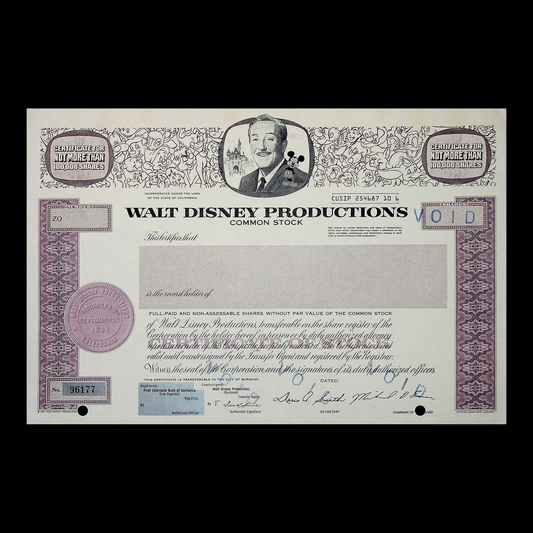 Walt Disney Productions Stock Certificate (Feat Walt & Mickey Mouse) from 1967 - Unissued