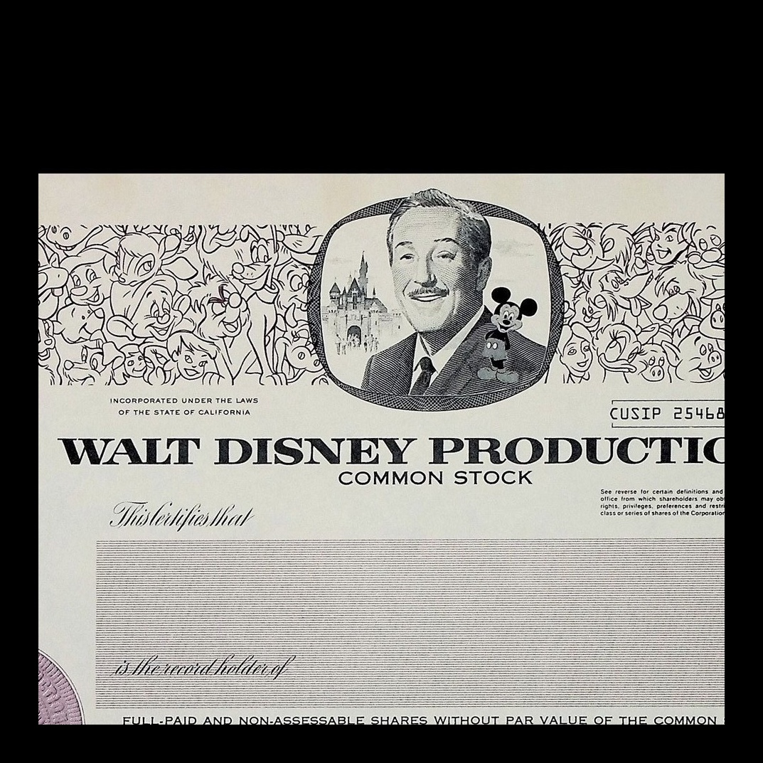 Walt Disney Productions Stock Certificate (Feat Walt & Mickey Mouse) from 1967 - Unissued