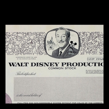 Walt Disney Productions Stock Certificate (Feat Walt & Mickey Mouse) from 1967 - Unissued